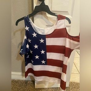 Stars and Stripes cold shoulder top, cute and comfy!  Medium fit.